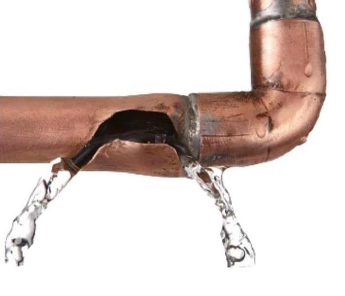 Copper pipe with a break in it and water coming out
